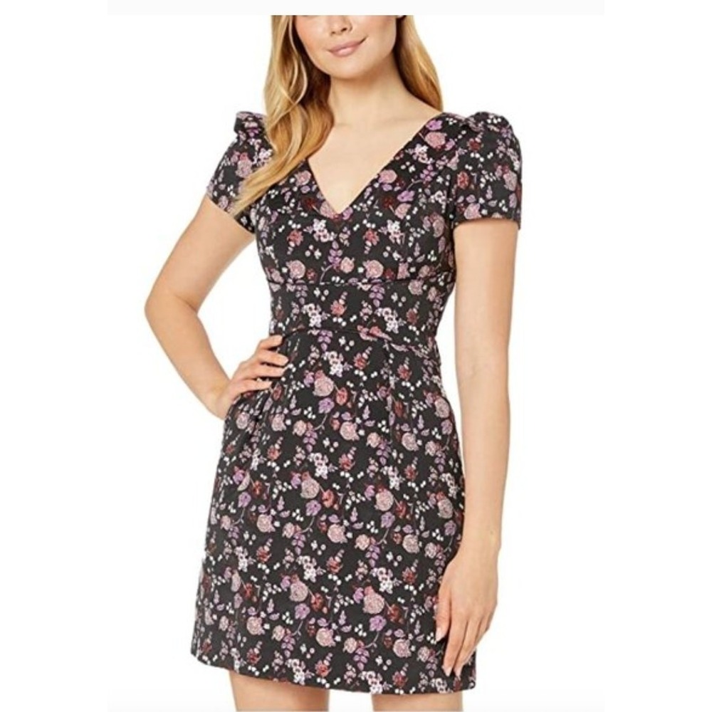 Adrianna Papell Dress‎ Womens 0 Black Pink Metallic Floral Jacquard AP1D103750